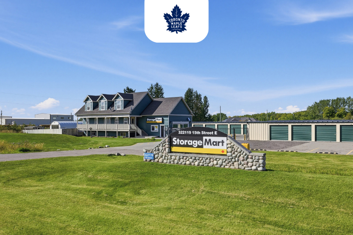 Facility exterior with Toronto Maple Leafs logo at StorageMart in Okotoks